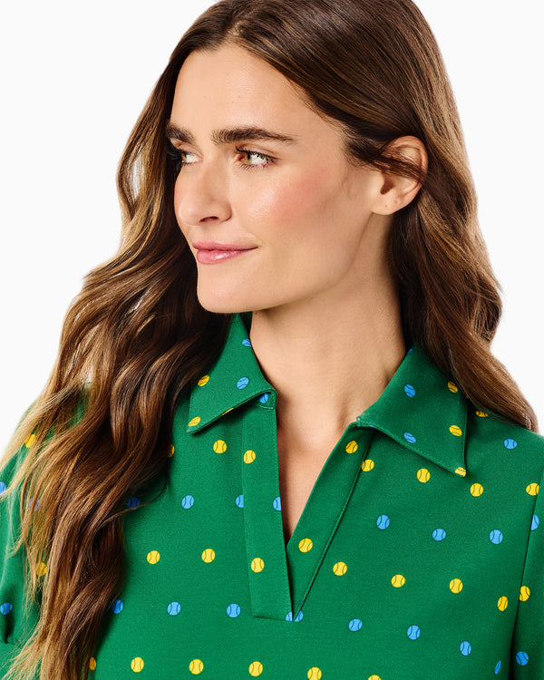 'On model product image of Ponte Pembroke Top in Evergreen Serve'