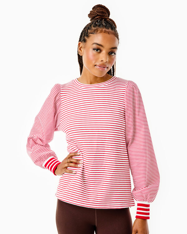 'On model product image of Soft Luxe Penny Pullover Sweatshirt in Super White/Cherry Stripe'