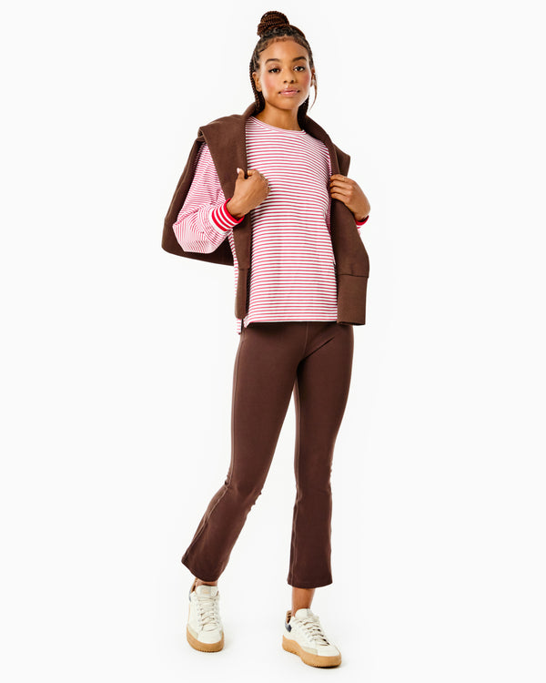 'On model product image of Soft Luxe Penny Pullover Sweatshirt in Super White/Cherry Stripe'