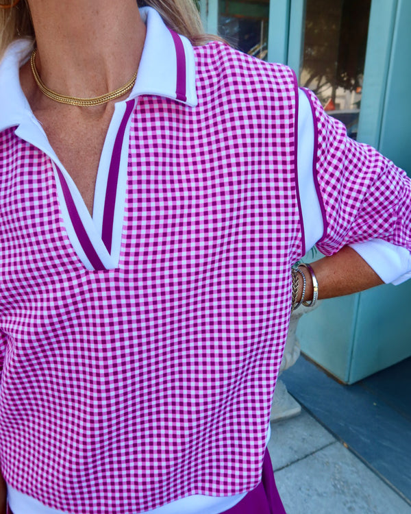 'On model product image of Soft Luxe Pitch Rugby Sweatshirt in Plum Gingham'