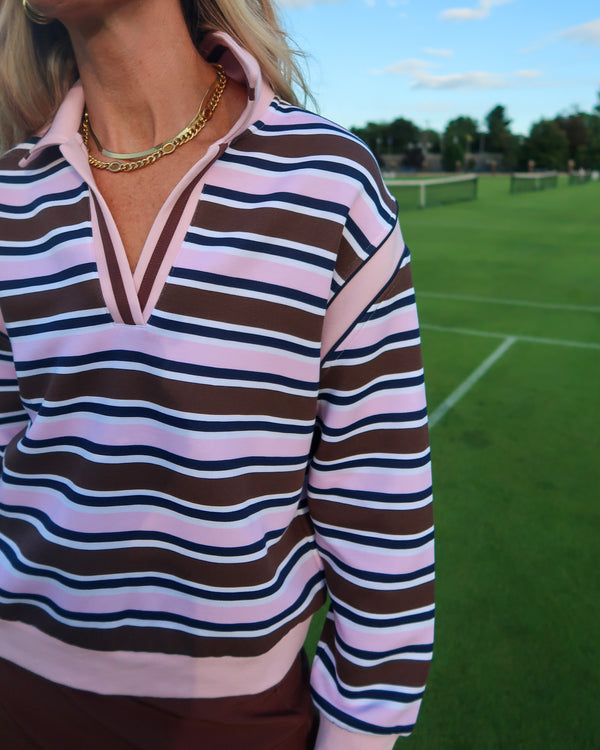 'On model product image of Soft Luxe Pitch Rugby Sweatshirt in Cocoa Stripe'