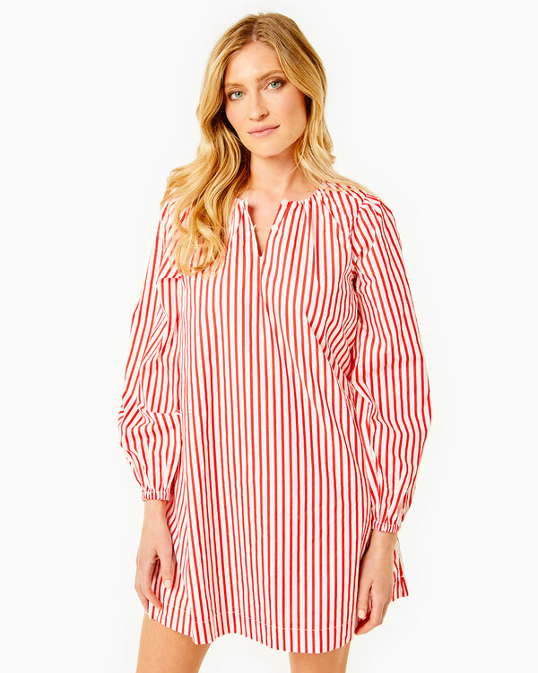 'On model product image of Cotton Poplin Port Dress in Super White/Poppy Stripe-Final Sale'