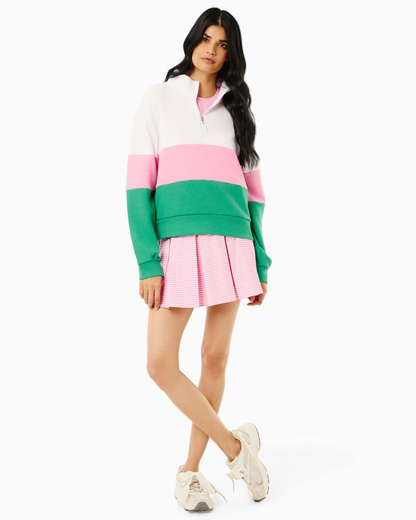 'On model product image of Smooth Sport 14in Pleated Racquet Skort in Bubblegum/Super White Stripe'