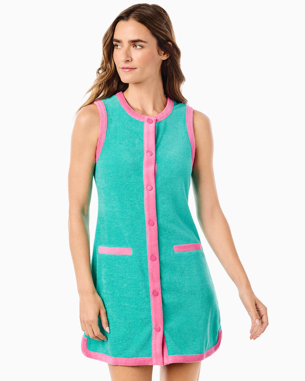 'On model product image of Retro Towel Terry Lennon Dress in Sea Glass/Hot Pink'