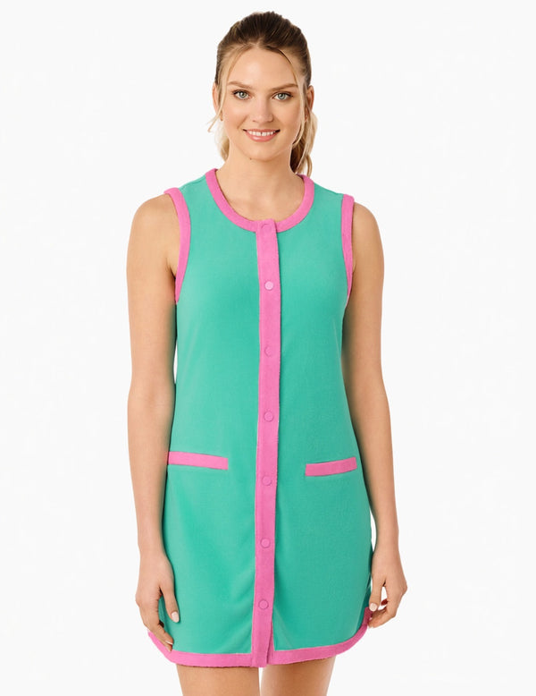 'On model product image of Retro Towel Terry Lennon Dress in Sea Glass/Hot Pink'