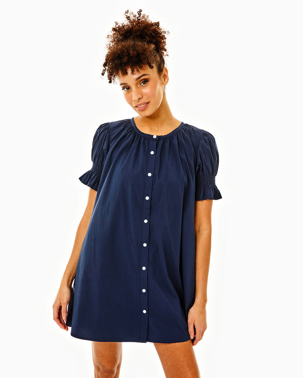 'On model product image of Cotton Poplin Short Sleeve Sailor Dress in Navy'