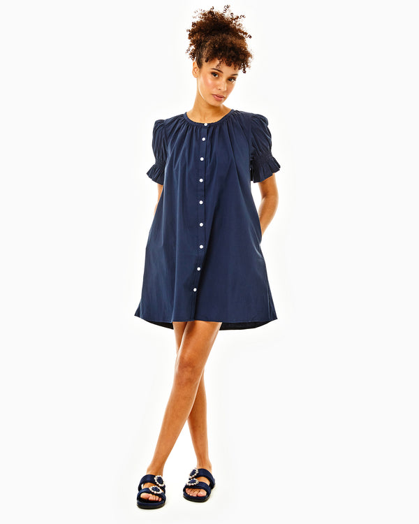 'On model product image of Cotton Poplin Short Sleeve Sailor Dress in Navy'