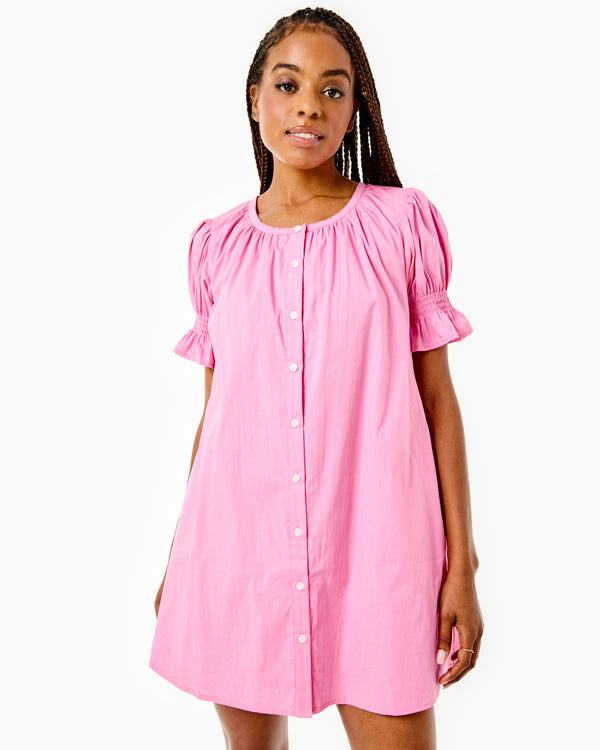 'On model product image of Cotton Poplin Short Sleeve Sailor Dress in Peony'