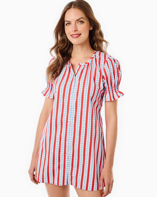 'On model product image of Cotton Poplin Short Sleeve Sailor Dress in Ruby Hatch'