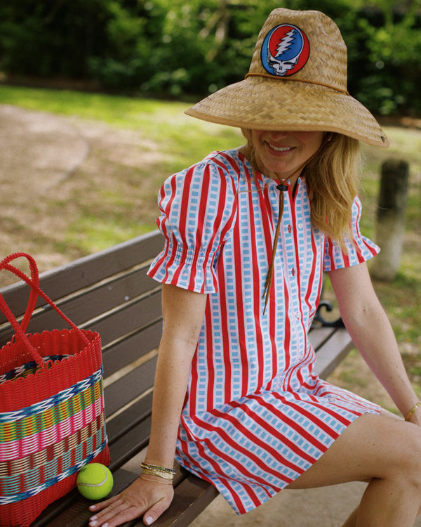 'On model product image of Cotton Poplin Short Sleeve Sailor Dress in Ruby Hatch'