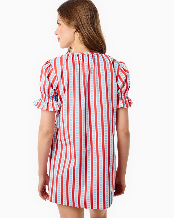 short sleeve poplin dress Button Up Pleated Linen Collar, Mavis Poplin Mini Dress in Blue, Size M,