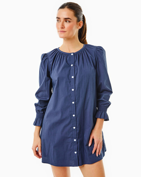 'On model product image of Cotton Poplin Long Sleeve Sailor Dress in Navy'