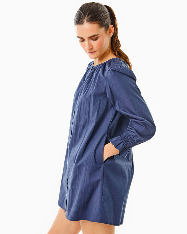 'On model product image of Cotton Poplin Long Sleeve Sailor Dress in Navy'