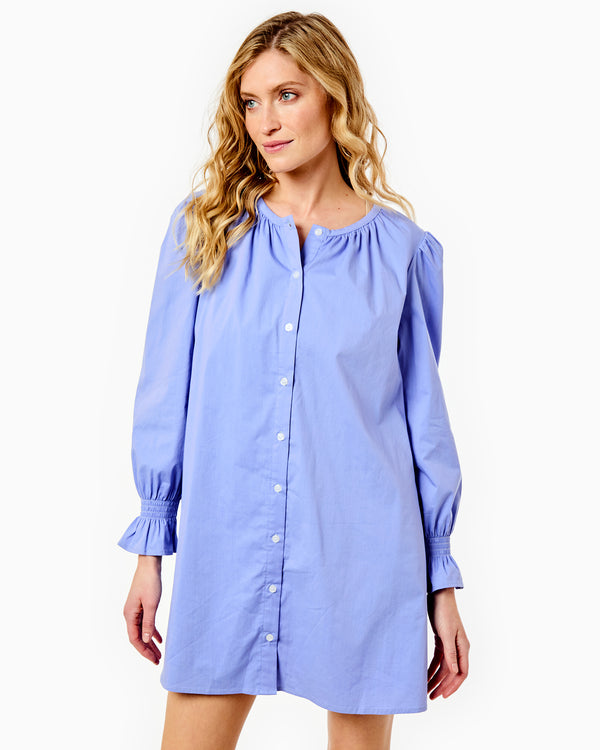 'On model product image of Cotton Poplin Long Sleeve Sailor Dress in Violet'