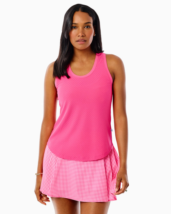 'On model product image of Active Mesh Scoop Neck Everyday Tank in Bright Pink'