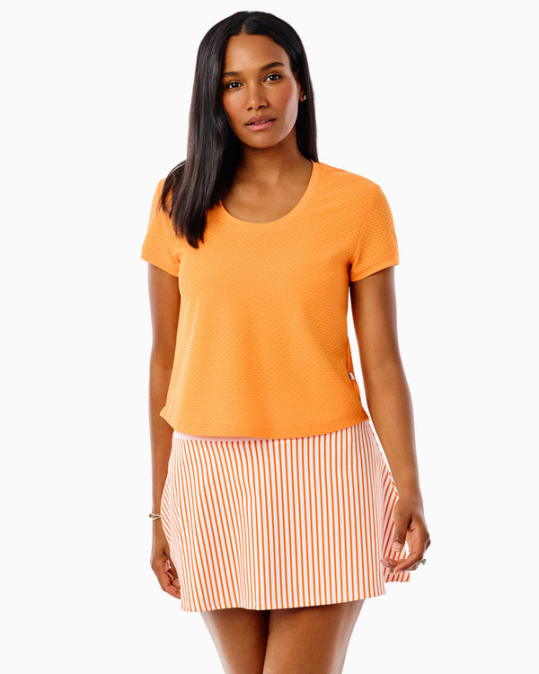 'On model product image of Active Mesh Scoop Neck Stokes Short Sleeve in Orange Crush'