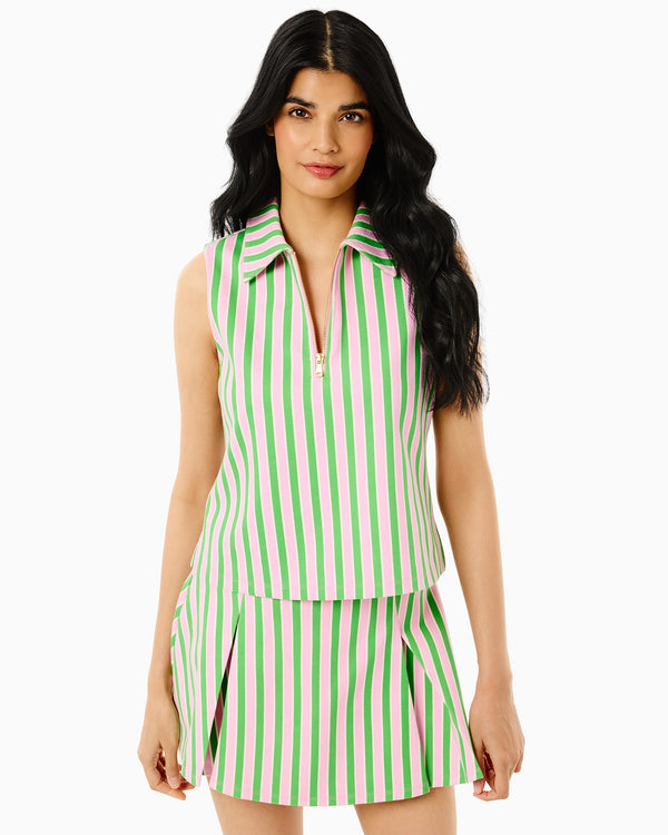 'On model product image of Ponte Sleeveless Virginian Polo in Key Lime/Bubblegum Cabana Stripe'
