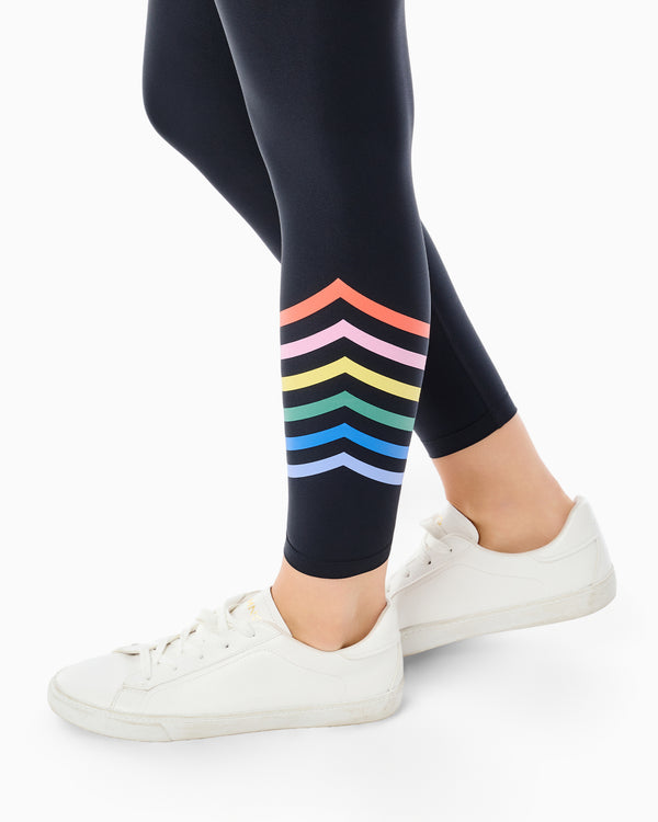 'On model product image of Sculpt Compression High-Rise Spruce Legging in Black/Tomato/Cotton Candy/Yellow Stripe'