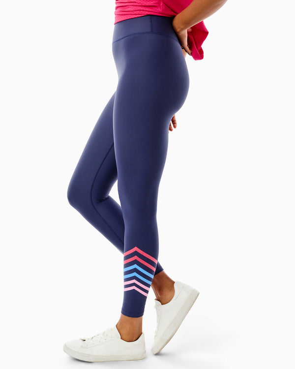 'On model product image of Sculpt Compression High-Rise Spruce Legging in Navy/Berry/Blue Jay/Cotton Candy'