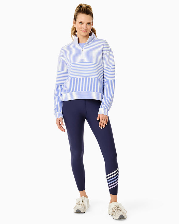 'On model product image of Sculpt Compression High-Rise Spruce Legging in Navy/Super White/Violet/Lavender'