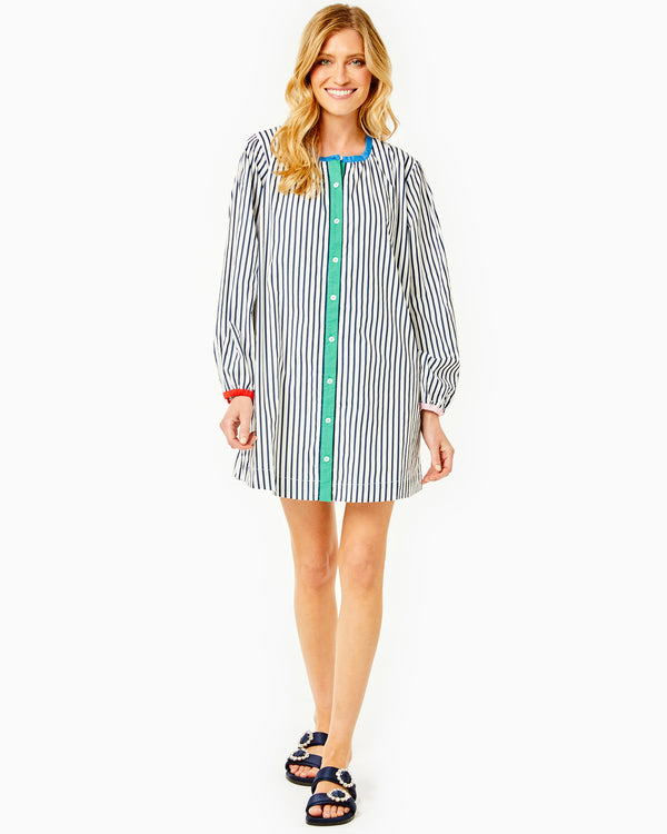 'On model product image of Cotton Poplin Starboard Dress in Super White/Navy Stripe'