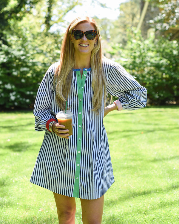 'On model product image of Cotton Poplin Starboard Dress in Super White/Navy Stripe'
