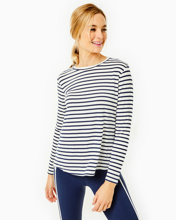 'On model product image of Drape Luxe Everyday Long Sleeve in Navy Stripe'