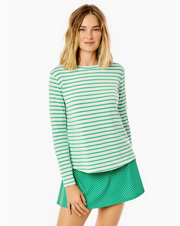'On model product image of Drape Luxe Everyday Long Sleeve in Palm Stripe'