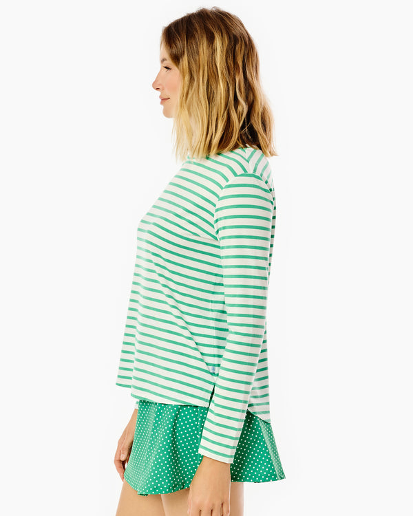 'On model product image of Drape Luxe Everyday Long Sleeve in Palm Stripe'