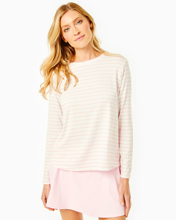 'On model product image of Drape Luxe Everyday Long Sleeve in Petal Stripe'