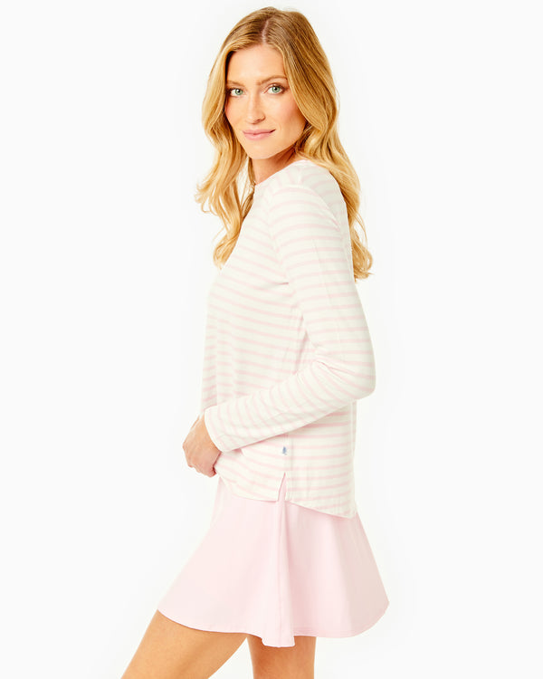 'On model product image of Drape Luxe Everyday Long Sleeve in Petal Stripe'