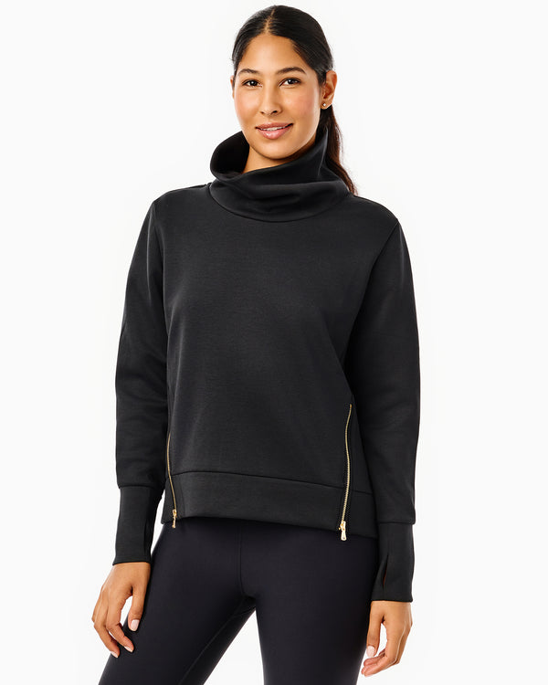 'On model product image of Polished Double Knit Zip Everyday Pullover in Black'
