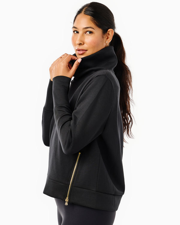 'On model product image of Polished Double Knit Zip Everyday Pullover in Black'