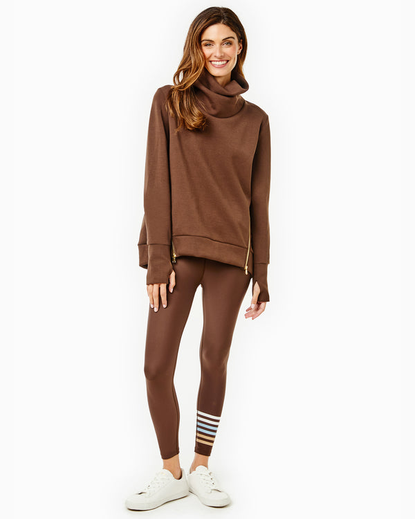 'On model product image of Polished Double Knit Zip Everyday Pullover in Chocolate'