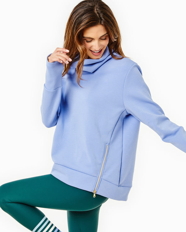 'On model product image of Polished Double Knit Zip Everyday Pullover in Violet'