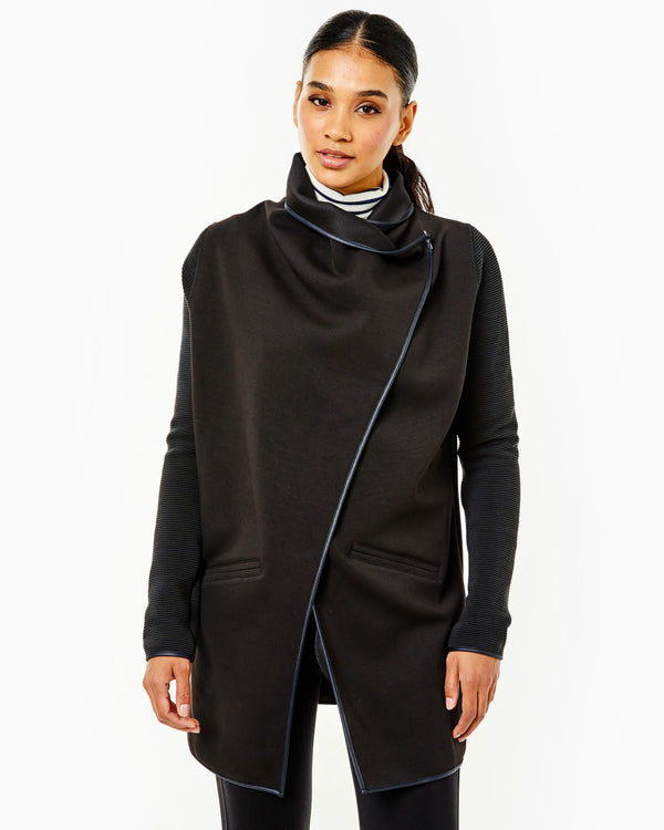 'On model product image of Polished Double Knit Wrap Jacket in Dark Black'
