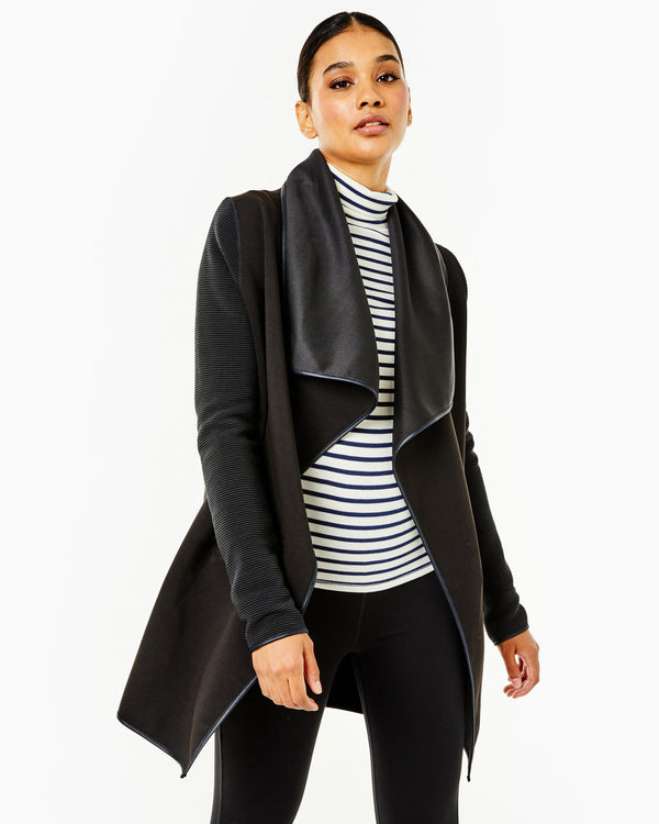 'On model product image of Polished Double Knit Wrap Jacket in Dark Black'