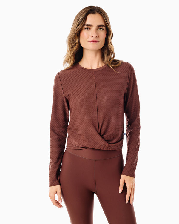 'On model product image of Active Mesh Topspin Long Sleeve in Milk Chocolate'