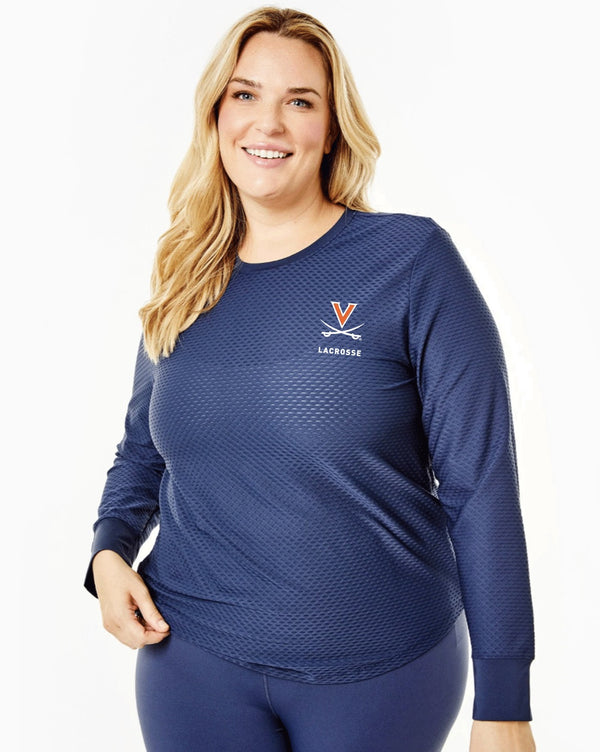 'On model product image of UVA Alumni Active Mesh Palmetto Long Sleeve in UVA Navy'