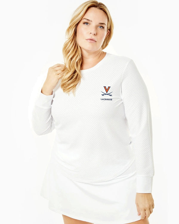 'On model product image of UVA Alumni Active Mesh Palmetto Long Sleeve in UVA Super White'