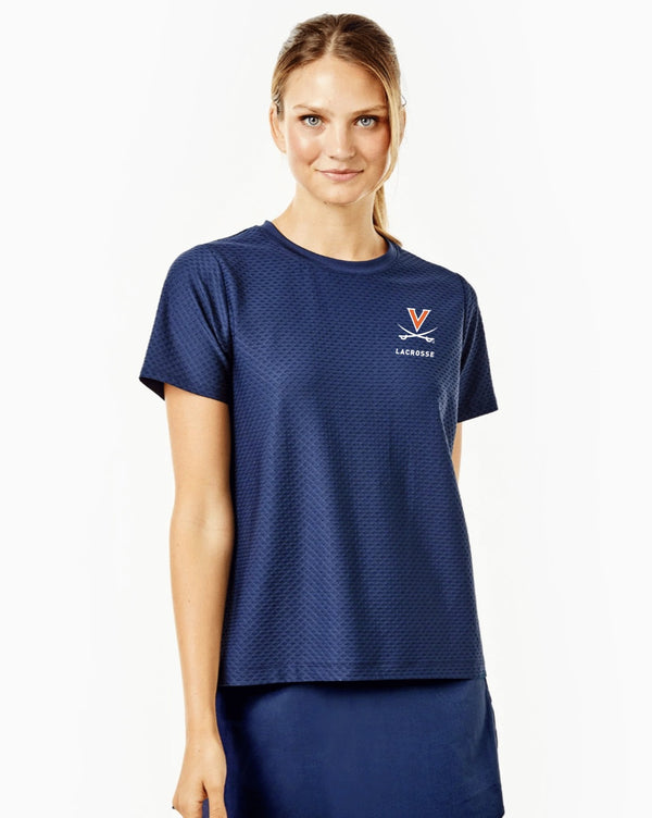 'On model product image of UVA Alumni Active Mesh Walnut Short Sleeve in UVA Navy'