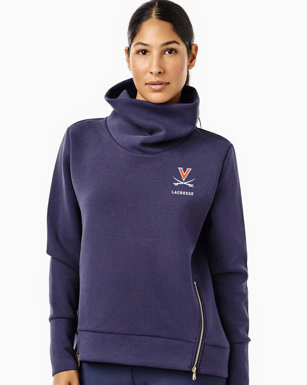 'On model product image of UVA Alumni Polished Double Knit Zip Everyday Pullover in UVA Navy'