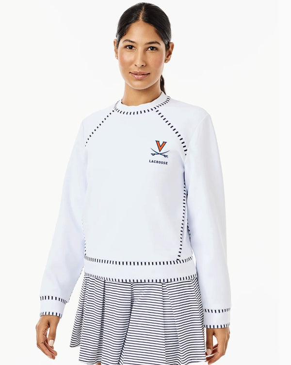 'On model product image of UVA Alumni Scuba Light Bainbridge Crewneck in UVA Super White'