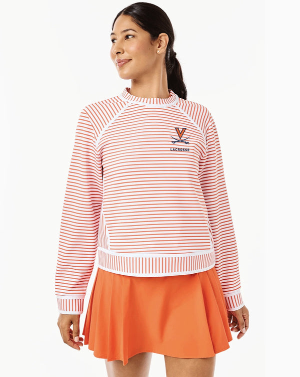 'On model product image of UVA Alumni Scuba Light Bainbridge Crewneck in UVA Super White/Papaya Stripe'