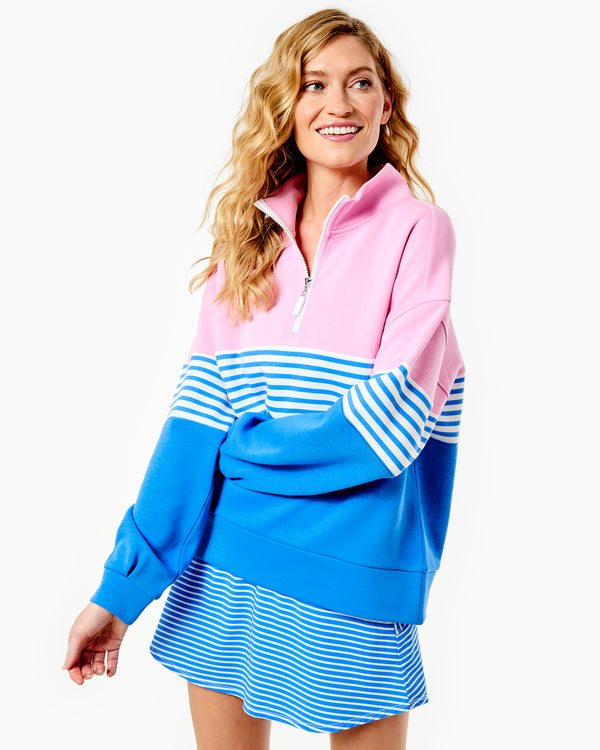 'On model product image of Soft Luxe Varsity Quarter Zip in Bubblegum/Cerulean'