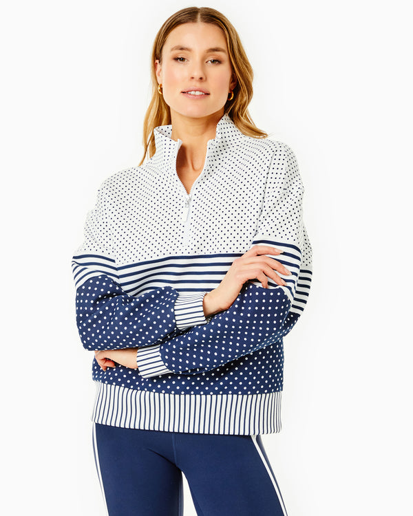 'On model product image of Soft Luxe Varsity Quarter Zip in Dottie Stripe'