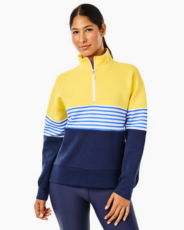 'On model product image of Soft Luxe Varsity Quarter Zip in Navy/Sapphire/Soul'