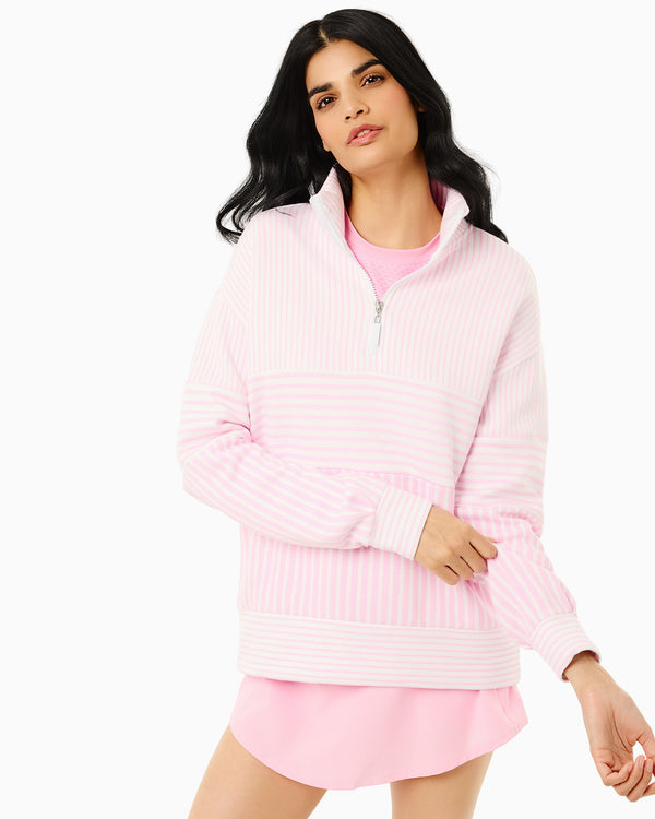 'On model product image of Soft Luxe Varsity Quarter Zip in Super White/Bubblegum Stripe'