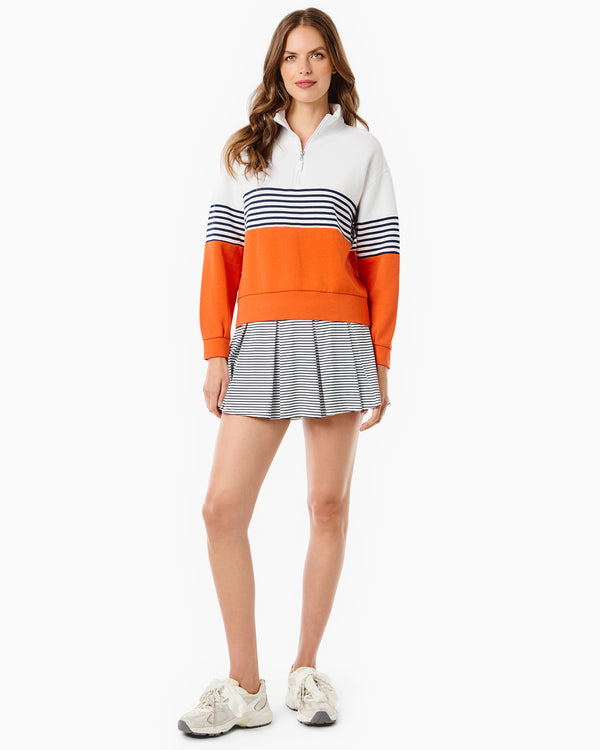 'On model product image of Soft Luxe Varsity Quarter Zip in Super White/Navy Stripe/Papaya'
