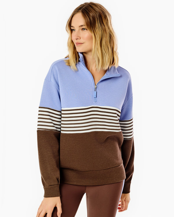 'On model product image of Soft Luxe Varsity Quarter Zip in Violet/Chocolate Stripe/Chocolate'